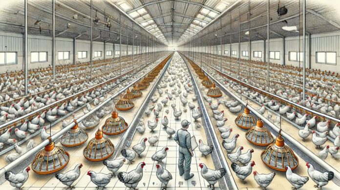 Imagen puramente ilustrativa generada con IA por el equipo de NeXusAvicultura.com para artículo sobre la importancia de que los pollos se distribuyan uniformemente a lo largo de toda la nave o galpón de engorde. No pretende reflejar la realidad exacta de una granja.